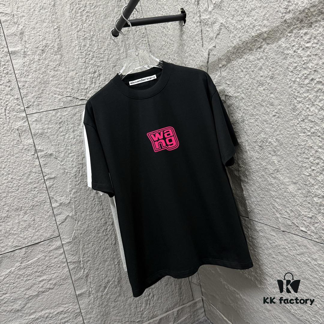 Alexander Wang 2025 Spring/Summer New Arrival Short Sleeve T-Shirt with Pink 'Wang' Silicone Print on Front and Back, Made of Custom Dual-Yarn Plain Weave Cotton 300 Fabric, Unisex Design