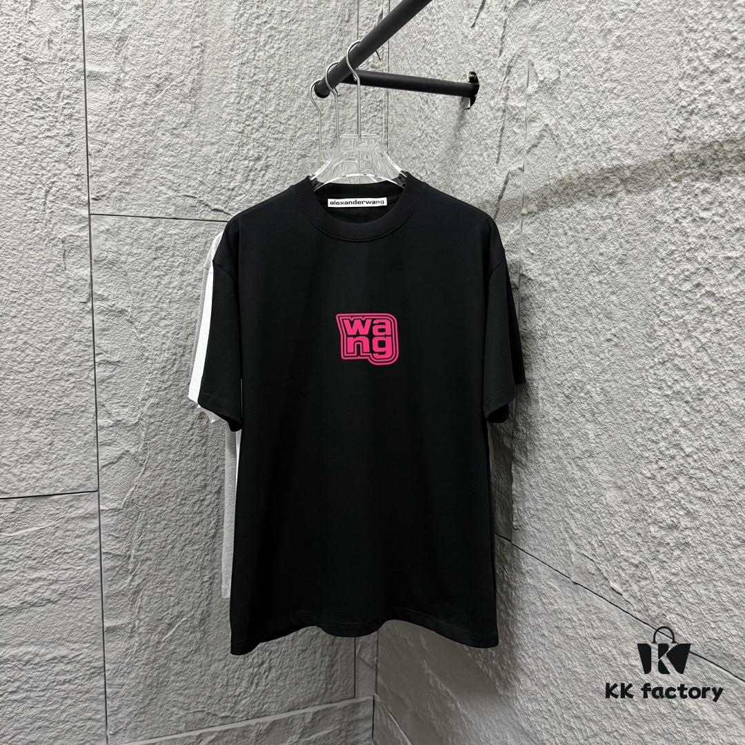 Alexander Wang 2025 Spring/Summer New Arrival Short Sleeve T-Shirt with Pink 'Wang' Silicone Print on Front and Back, Made of Custom Dual-Yarn Plain Weave Cotton 300 Fabric, Unisex Design