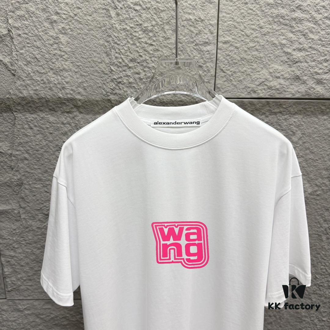 Alexander Wang 2025 Spring/Summer New Arrival Short Sleeve T-Shirt with Pink 'Wang' Silicone Print on Front and Back, Made of Custom Double Gauze Plain Cotton 300 Fabric, Unisex Design