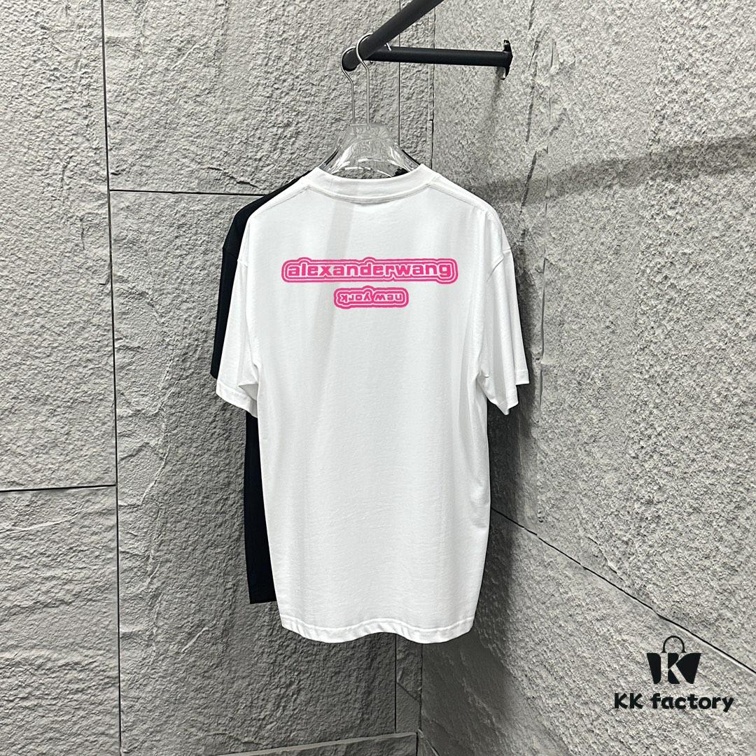 Alexander Wang 2025 Spring/Summer New Arrival Short Sleeve T-Shirt with Pink 'Wang' Silicone Print on Front and Back, Made of Custom Double Gauze Plain Cotton 300 Fabric, Unisex Design