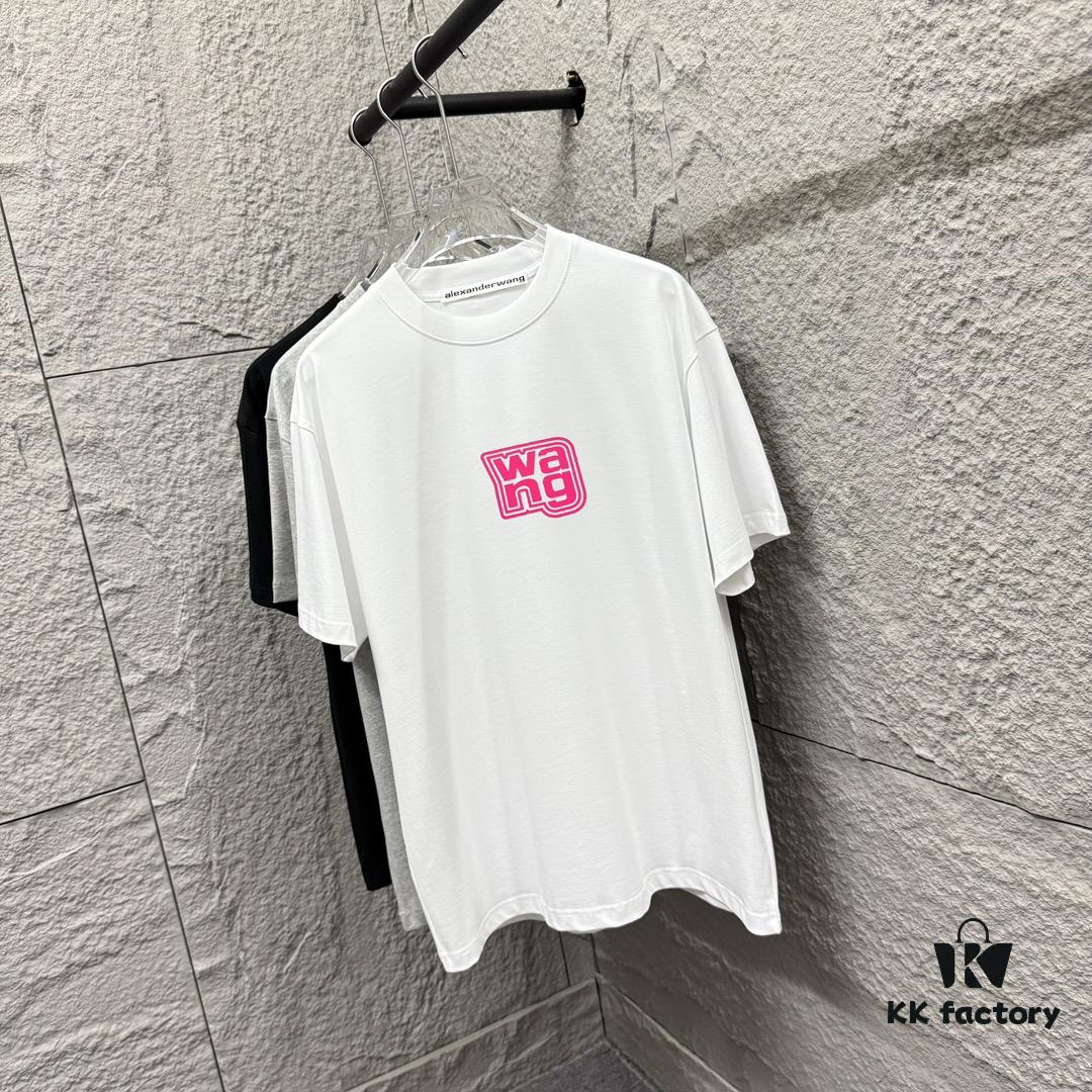 Alexander Wang 2025 Spring/Summer New Arrival Short Sleeve T-Shirt with Pink 'Wang' Silicone Print on Front and Back, Made of Custom Double Gauze Plain Cotton 300 Fabric, Unisex Design