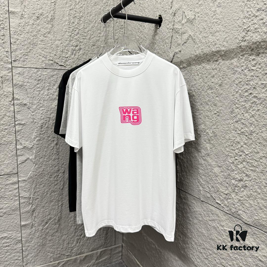 Alexander Wang 2025 Spring/Summer New Arrival Short Sleeve T-Shirt with Pink 'Wang' Silicone Print on Front and Back, Made of Custom Double Gauze Plain Cotton 300 Fabric, Unisex Design