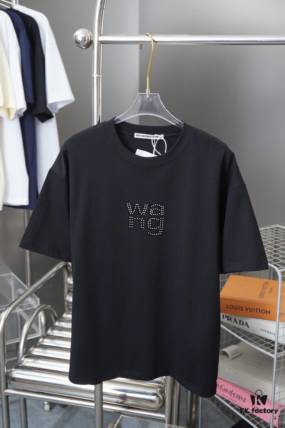 Alexarde*wang 25SS Early Spring New Arrival 3D Velvet Flocked Letter Pearl Rhinestone Short Sleeve T-Shirt