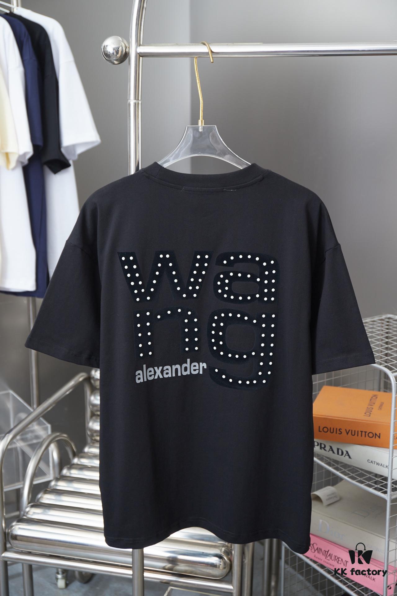 Alexarde*wang 25SS Early Spring New Arrival 3D Velvet Flocked Letter Pearl Rhinestone Short Sleeve T-Shirt