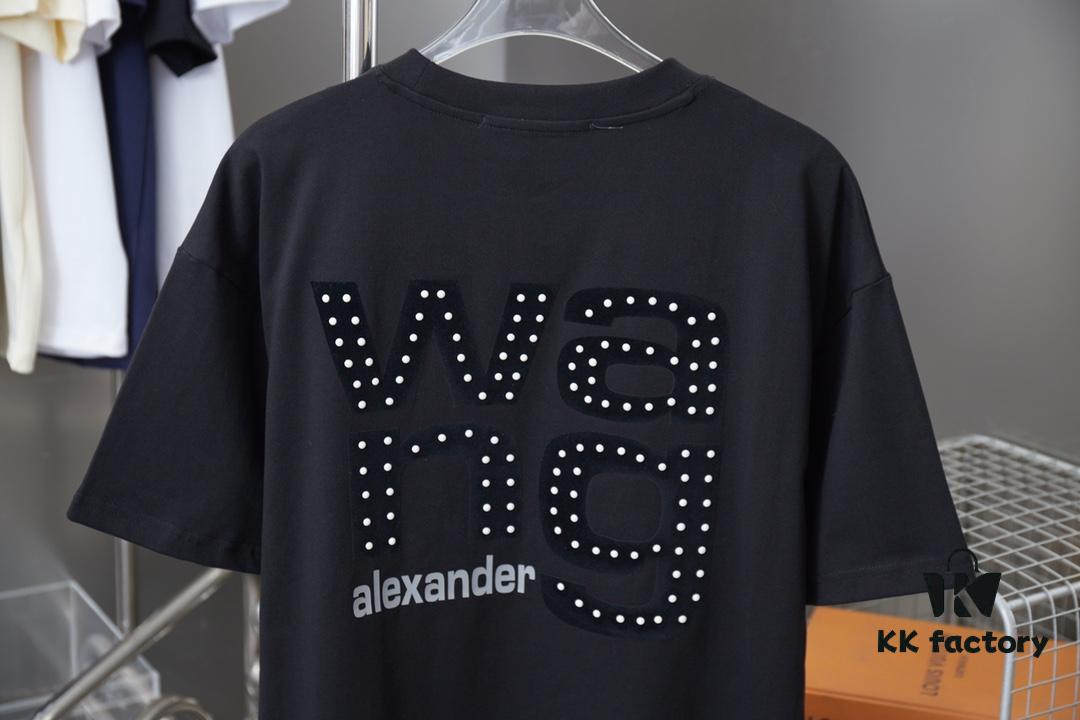 Alexarde*wang 25SS Early Spring New Arrival 3D Velvet Flocked Letter Pearl Rhinestone Short Sleeve T-Shirt
