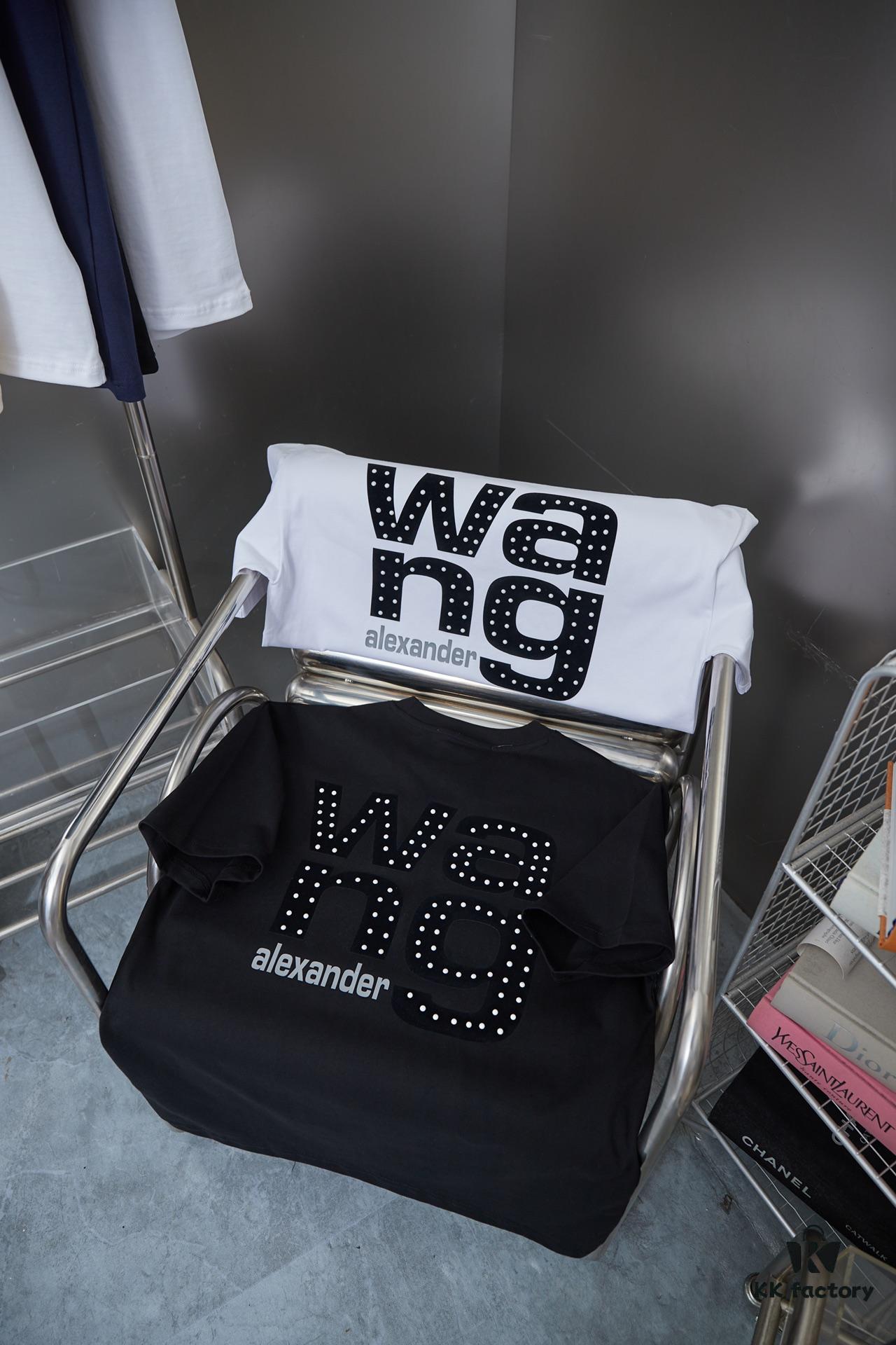 Alexarde*wang 25SS Early Spring New Arrival 3D Velvet Flocked Letter Pearl Rhinestone Short Sleeve T-Shirt