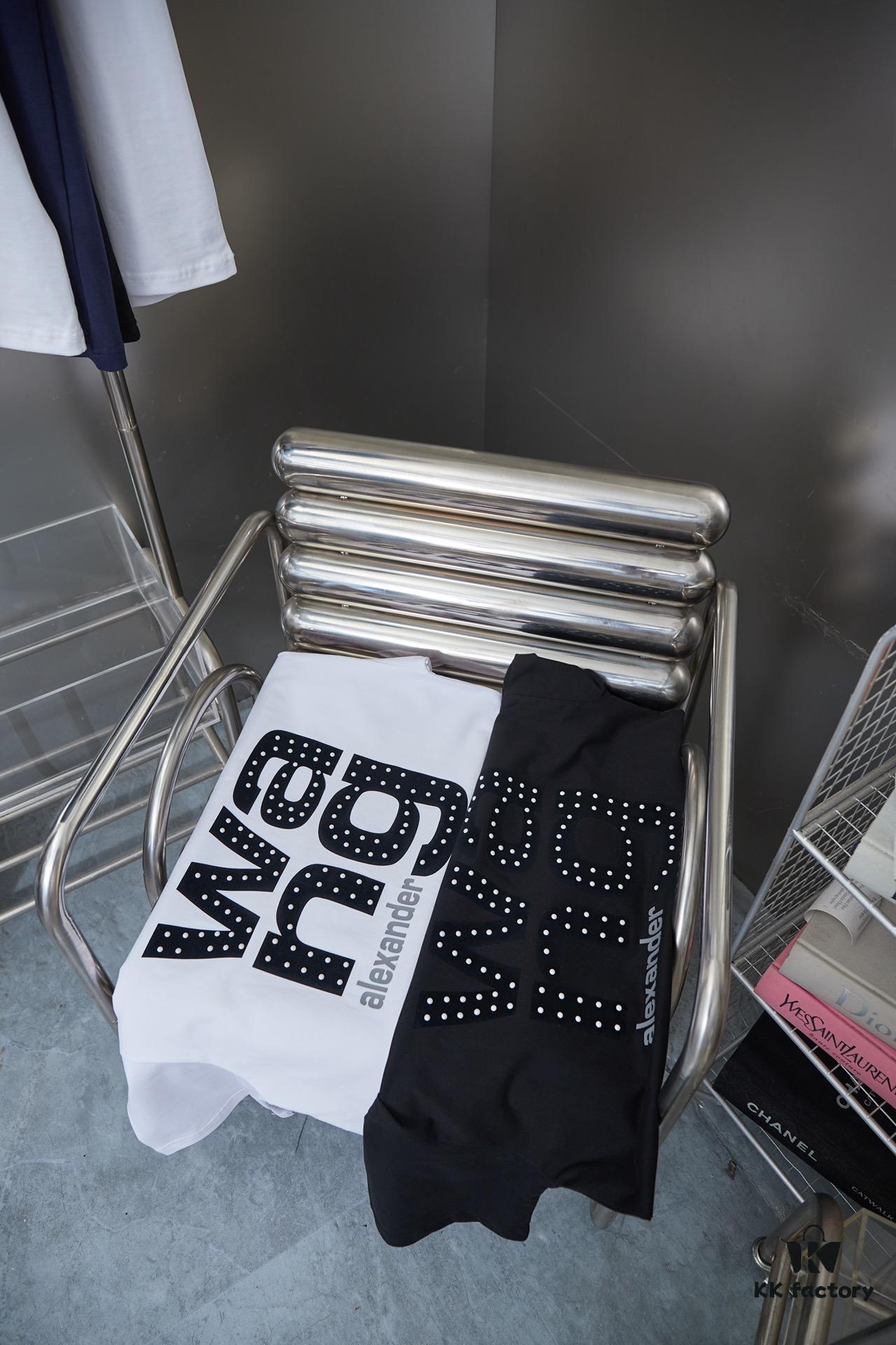 Alexarde*wang 25SS Early Spring New Arrival 3D Velvet Flocked Letter Pearl Rhinestone Short Sleeve T-Shirt