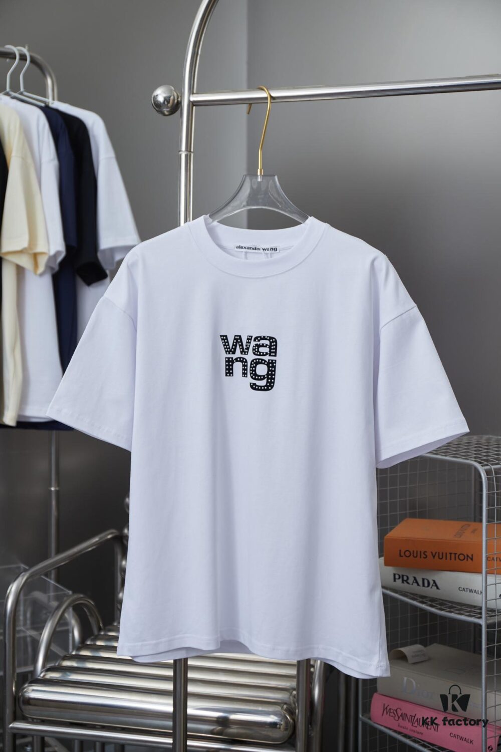 Alexarde*wang 25SS Early Spring New Arrival 3D Flocked Letter Pearl Rhinestone Short Sleeve T-Shirt