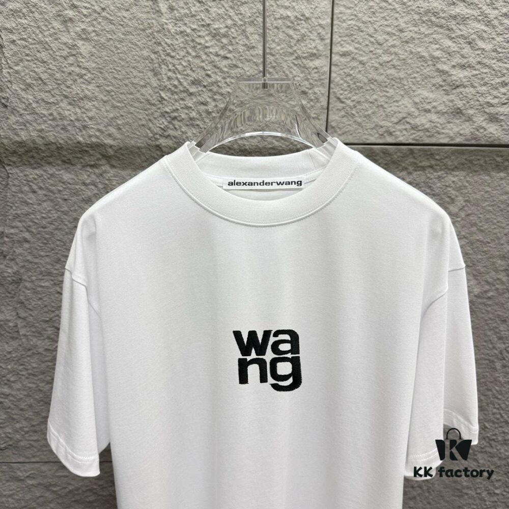 Alexander Wang 2025 Spring/Summer New Arrival Short Sleeve T-Shirt with Embroidered 'Wang' Logo on Chest and Printed Lettering on Back, Unisex Design Made from Custom Double-Gauze Plain-Woven 300g Cotton Fabric