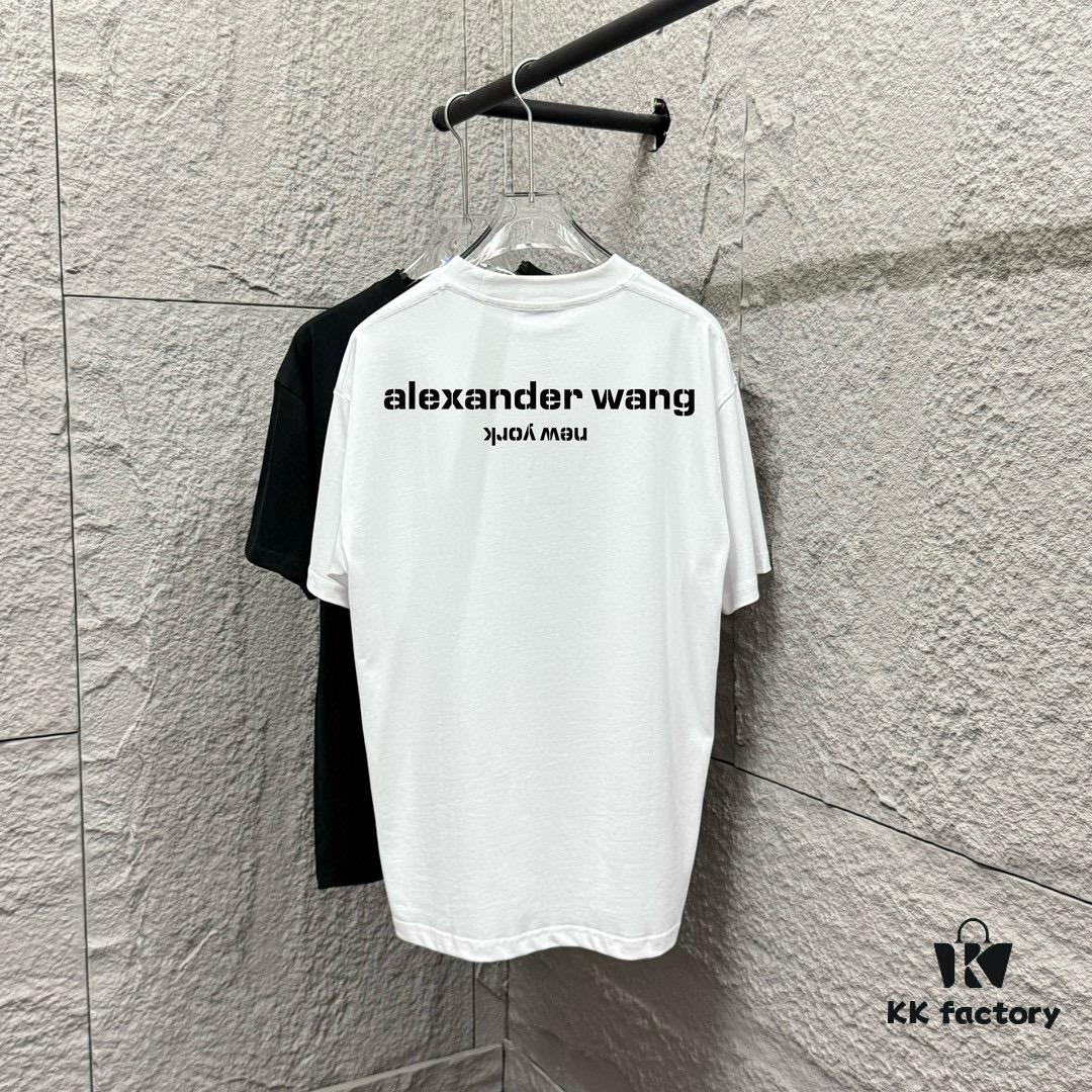 Alexander Wang 2025 Spring/Summer New Arrival Short Sleeve T-Shirt with Embroidered 'Wang' Logo on Chest and Printed Lettering on Back, Unisex Design Made from Custom Double-Gauze Plain-Woven 300g Cotton Fabric
