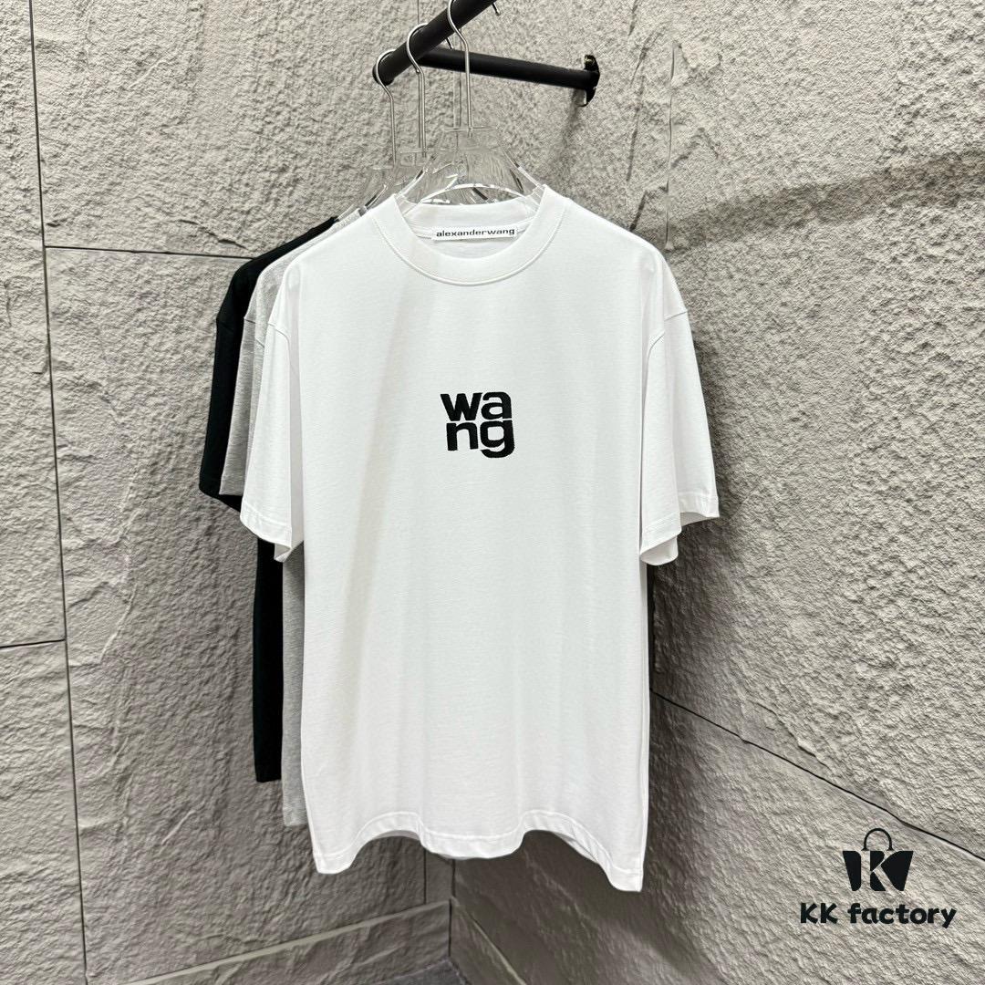Alexander Wang 2025 Spring/Summer New Arrival Short Sleeve T-Shirt with Embroidered 'Wang' Logo on Chest and Printed Lettering on Back, Unisex Design Made from Custom Double-Gauze Plain-Woven 300g Cotton Fabric