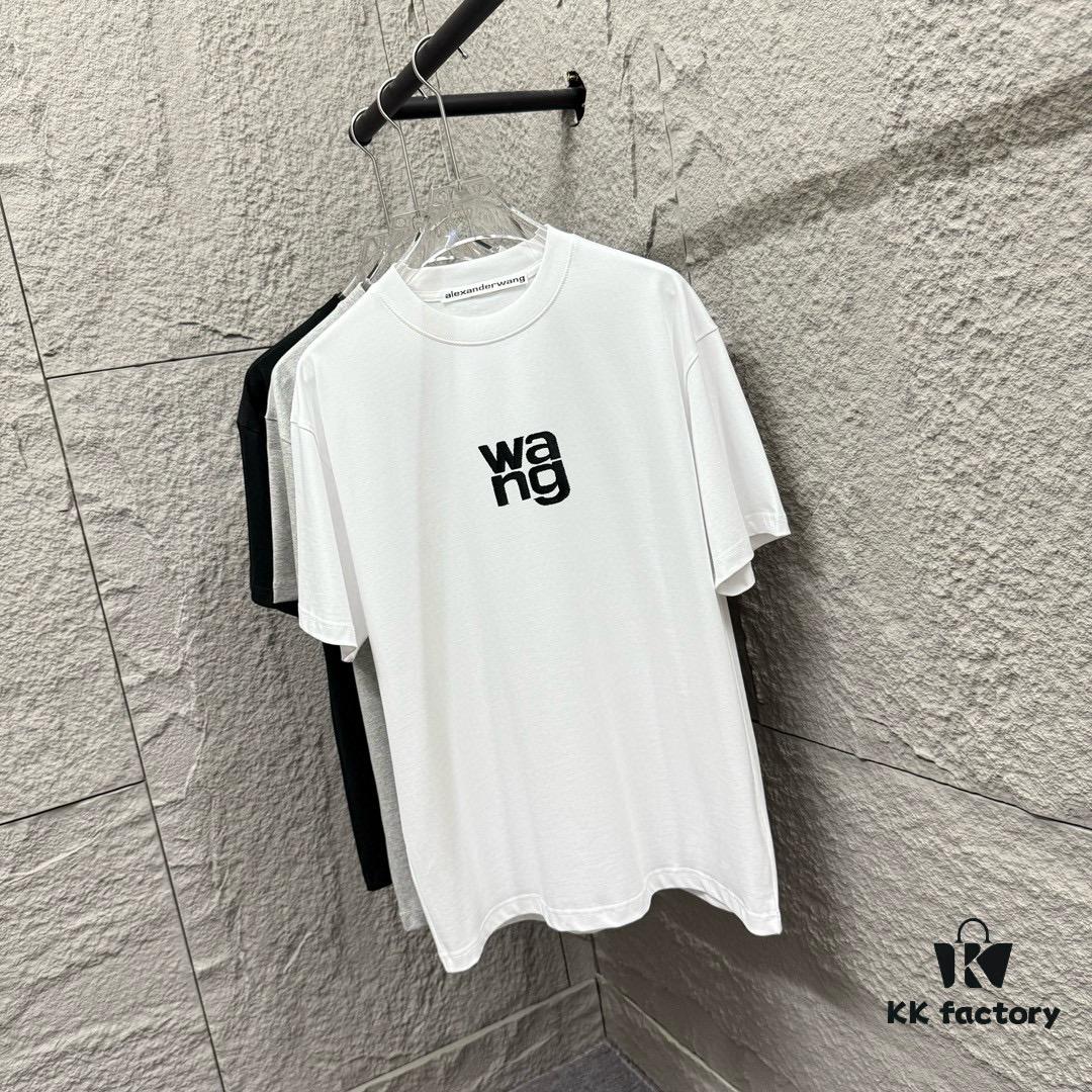 Alexander Wang 2025 Spring/Summer New Arrival Short Sleeve T-Shirt with Embroidered 'Wang' Logo on Chest and Printed Lettering on Back, Unisex Design Made from Custom Double-Gauze Plain-Woven 300g Cotton Fabric