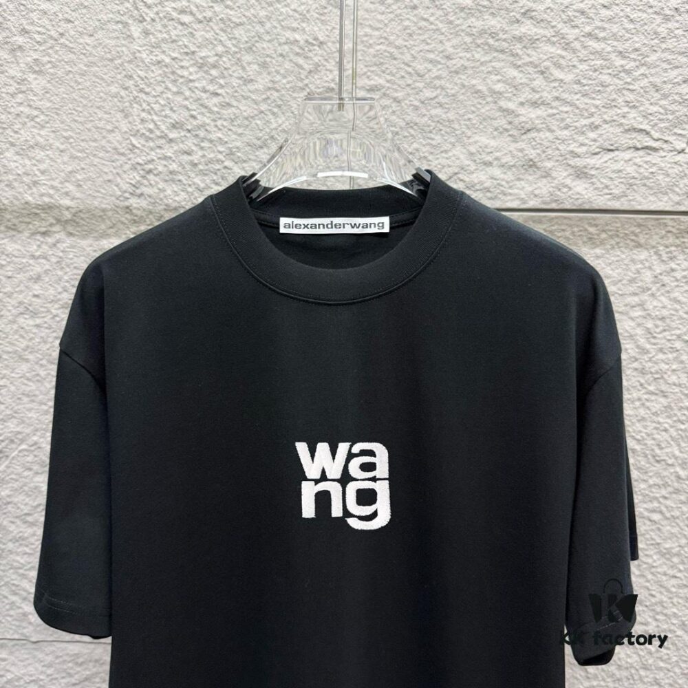 Alexander Wang 2025 Spring/Summer New Arrival Short Sleeve T-Shirt with Embroidered 'Wang' Logo on Chest and Printed Lettering on Back, Unisex Design Made from Custom Dual-Yarn Plain-Woven 300g Cotton Fabric