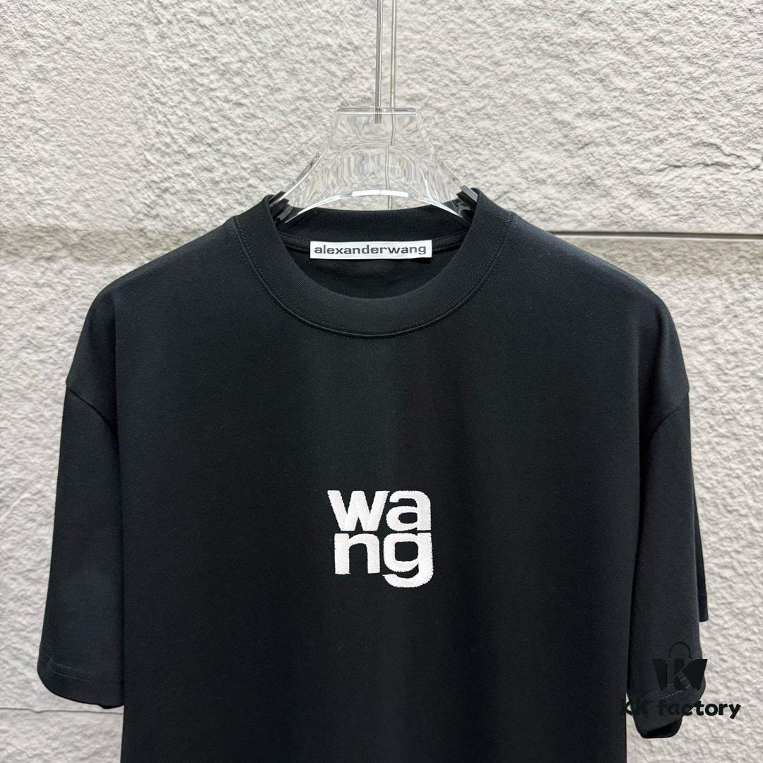 Alexander Wang 2025 Spring/Summer New Arrival Short Sleeve T-Shirt with Embroidered 'Wang' Logo on Chest and Printed Lettering on Back, Unisex Design Made from Custom Dual-Yarn Plain-Woven 300g Cotton Fabric