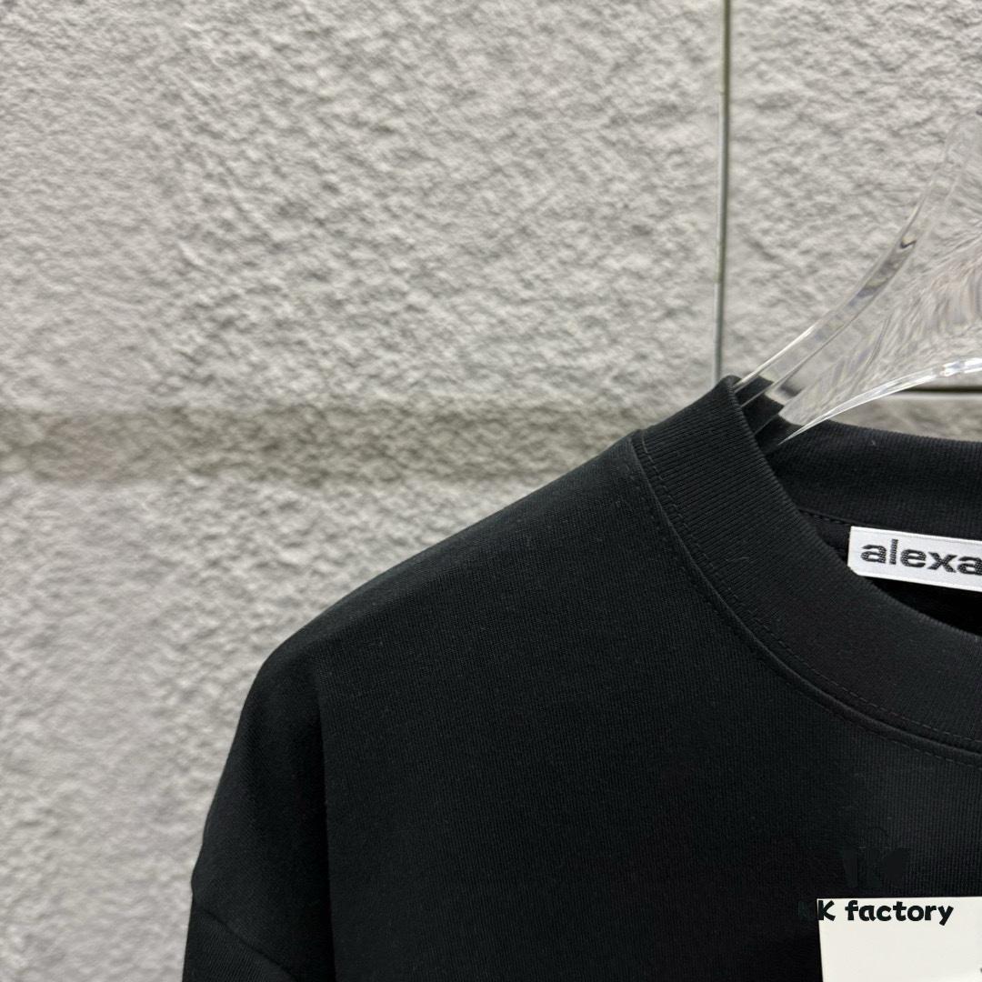 Alexander Wang 2025 Spring/Summer New Arrival Short Sleeve T-Shirt with Embroidered 'Wang' Logo on Chest and Printed Lettering on Back, Unisex Design Made from Custom Dual-Yarn Plain-Woven 300g Cotton Fabric