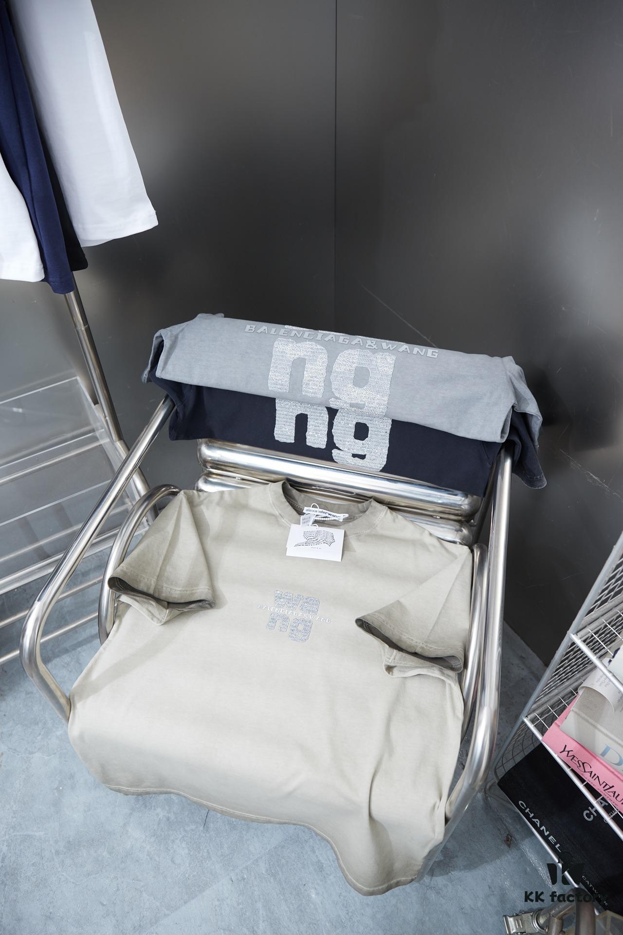 Alexarde*wang 25SS Early Spring New Arrival Embroidered Letter Rhinestone Short Sleeve T-Shirt