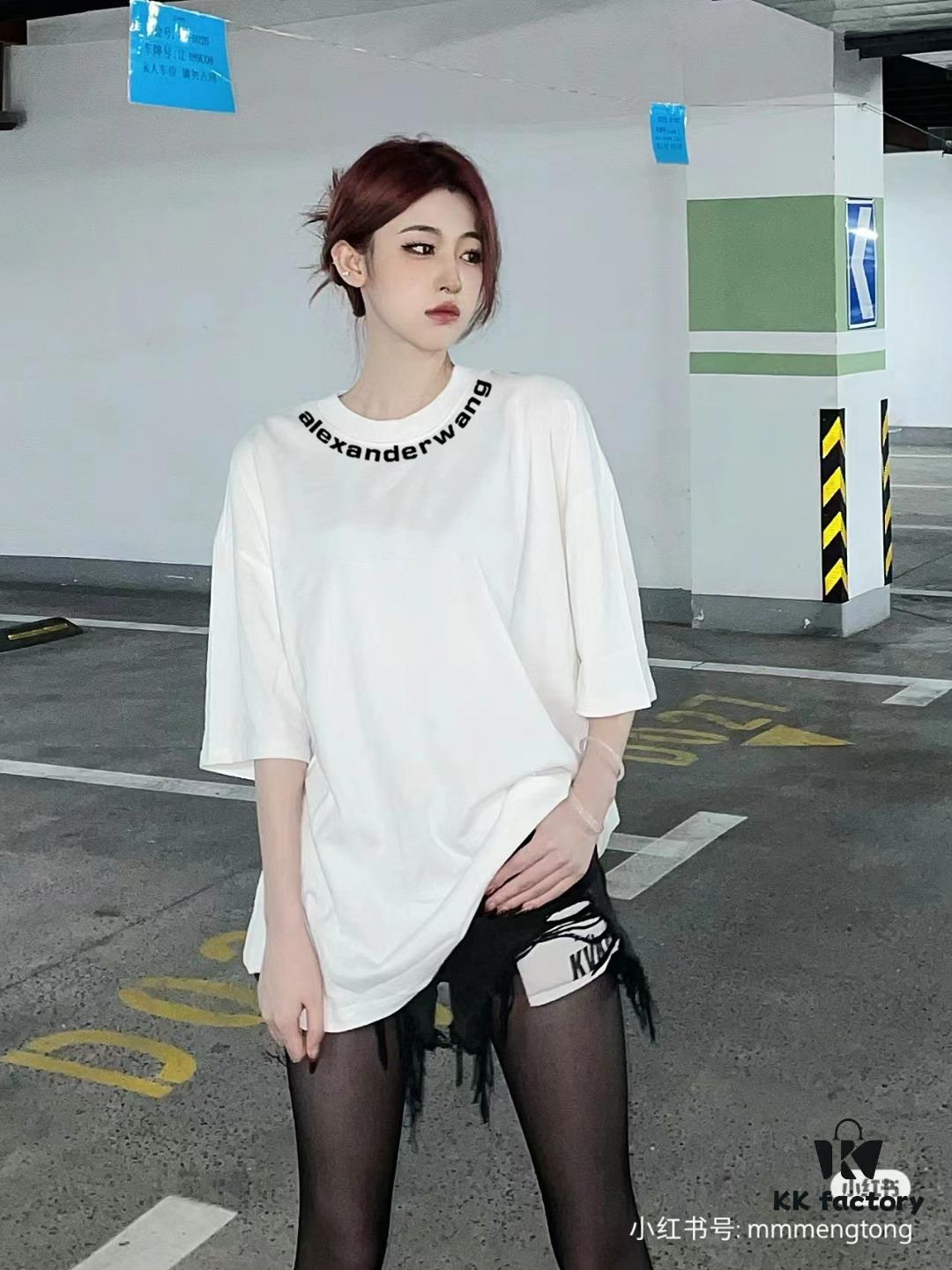 Alexander Wang 2024FW Short Sleeve T-Shirt with Silicone Thick Panel Letter Print, Premium 32s Double Yarn 260g Fabric