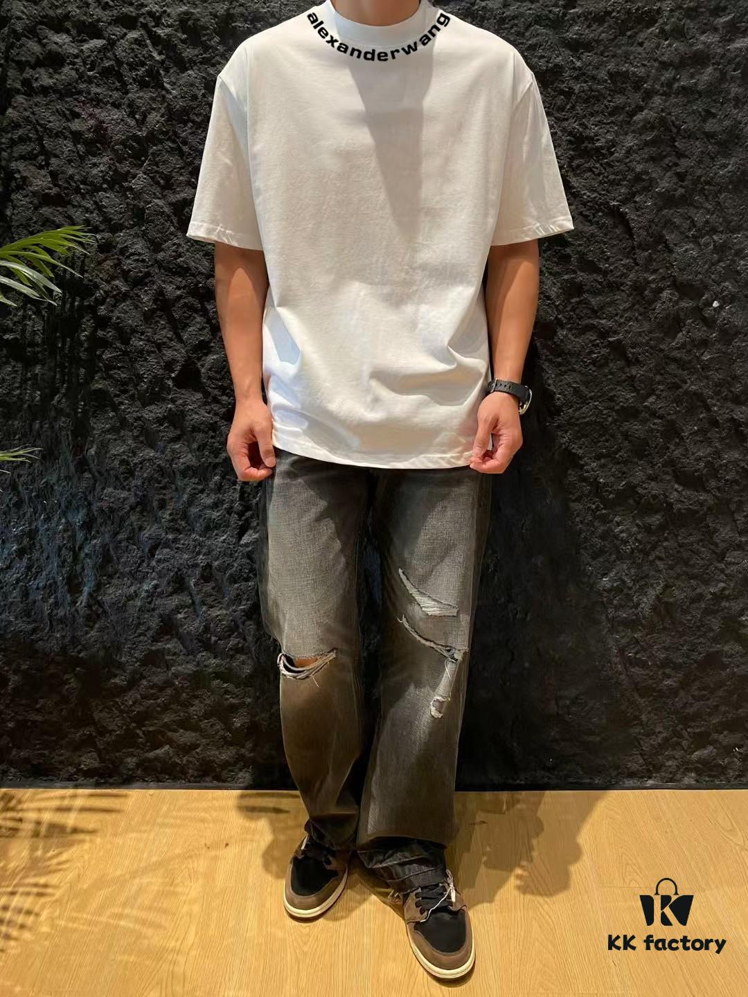 Alexander Wang 2024FW Short Sleeve T-Shirt with Silicone Thick Panel Letter Print, Premium 32s Double Yarn 260g Fabric