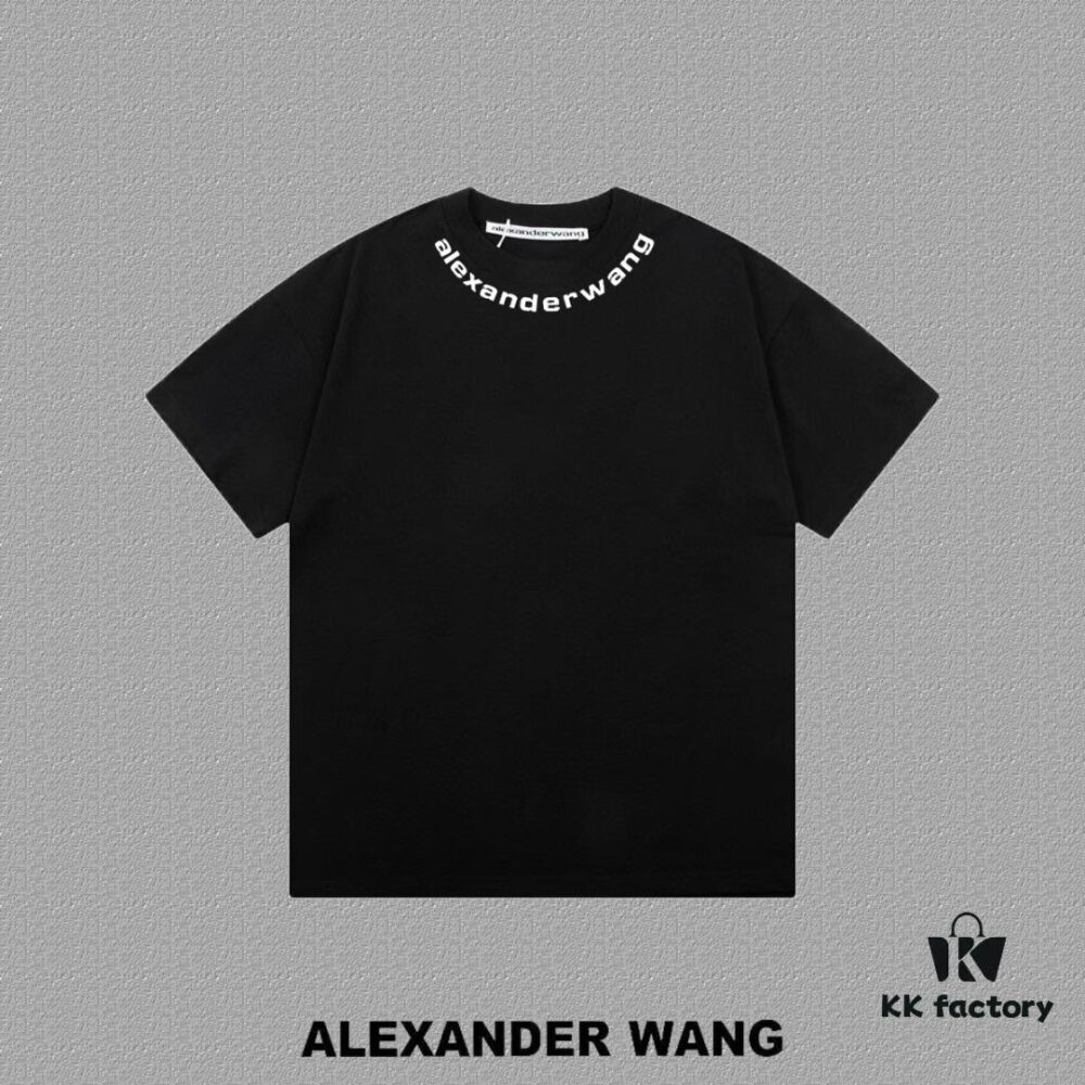 ✨🔥 [Alexander Wang] 2024FW Short Sleeve T-Shirt with Silicone Thick Panel Letter Print, Premium 32s Double Yarn 260g Fabric, Heavyweight Material, Custom Spandex Rib Knit Dyed-to-Match, Complete Three Labels, Unisex Design