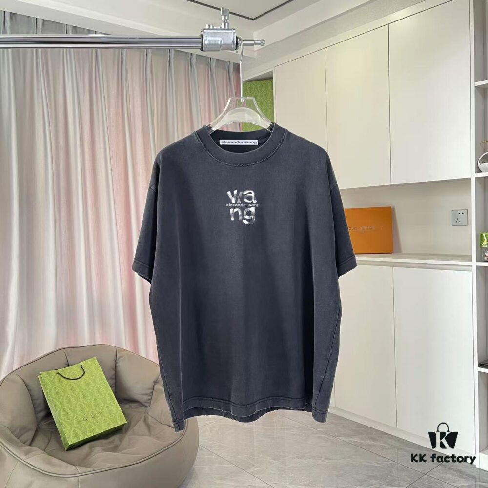 Alexander Wang * alexanderwang 2025 Spring/Summer New Arrival Distressed Letter Logo Print Short-Sleeve T-Shirt in Custom 320g Fabric Unisex