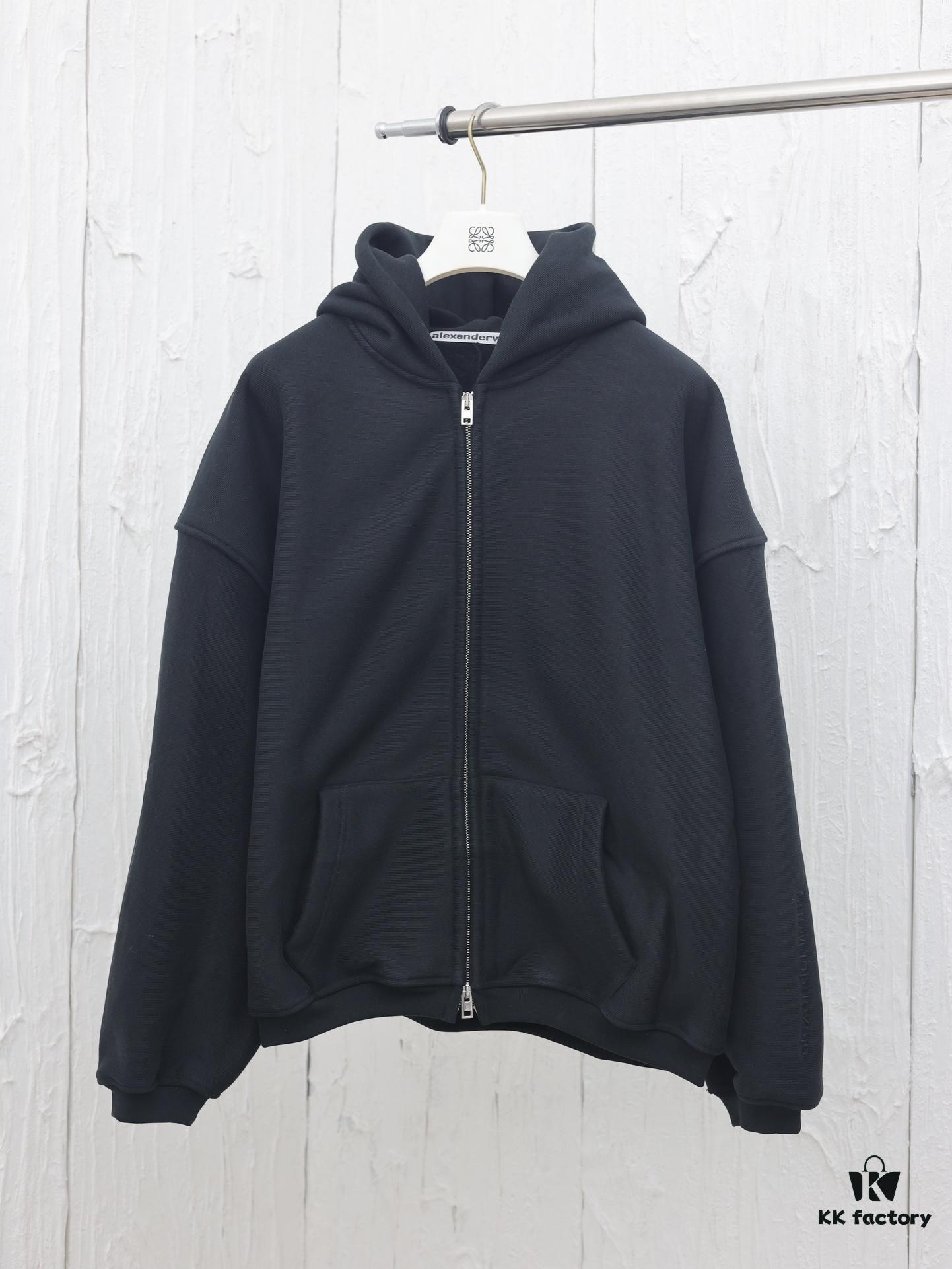 Alexander Wang 2024 New Arm Logo Embroidered Oversized Hooded Jacket with Dual-Zipper Design