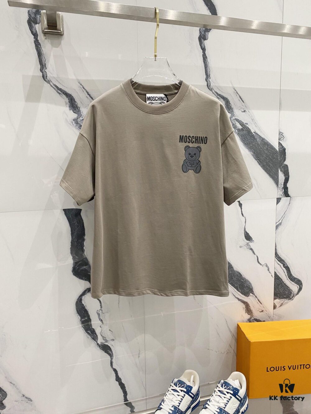 MOSCHINO 260g Crew Neck Short Sleeve T-Shirt with Cute Grey Bear and Letter Logo Print