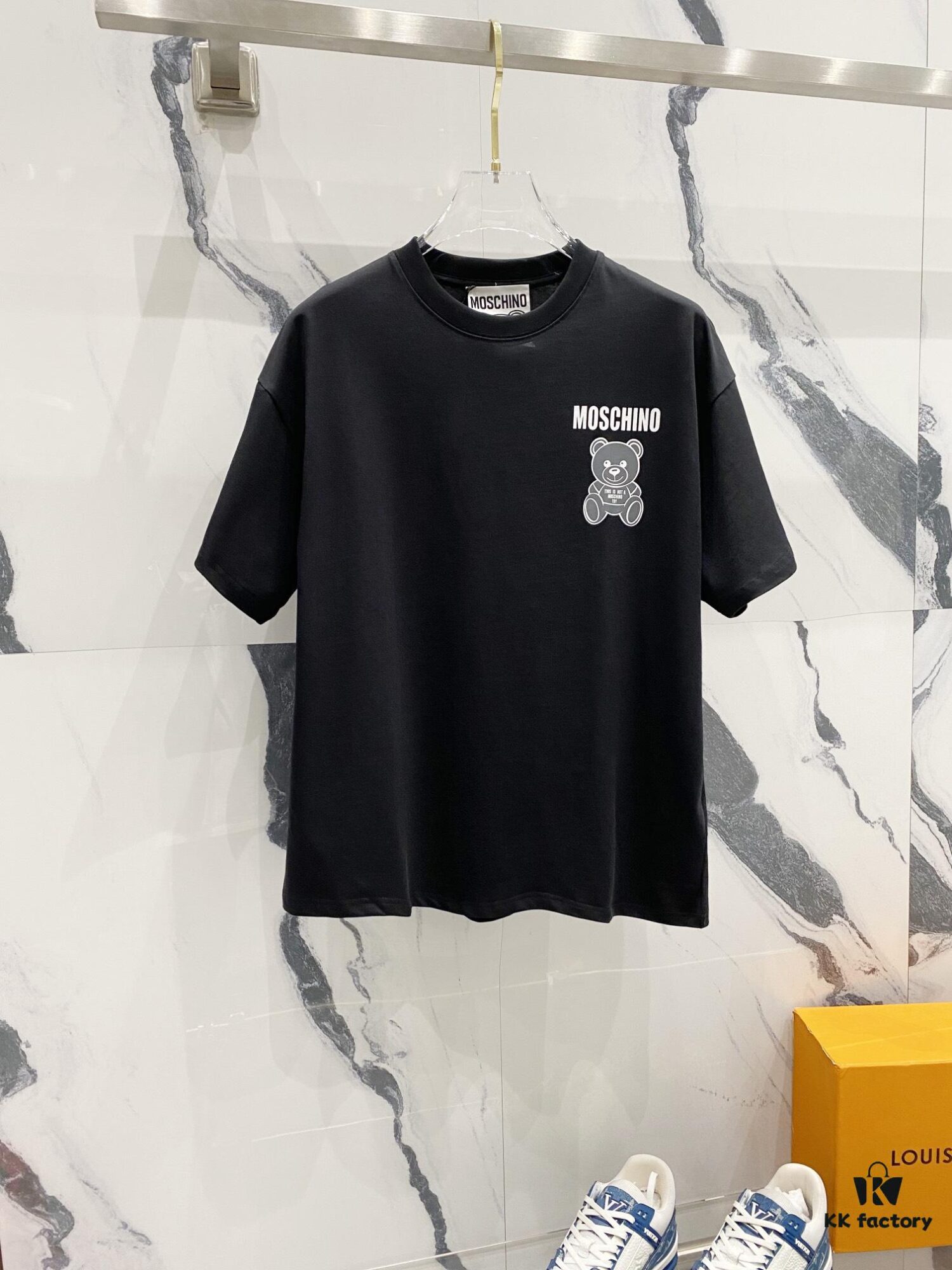 MOSCHINO 260g Crew Neck Short Sleeve T-Shirt with Cute Gray Bear and Letter Logo Print