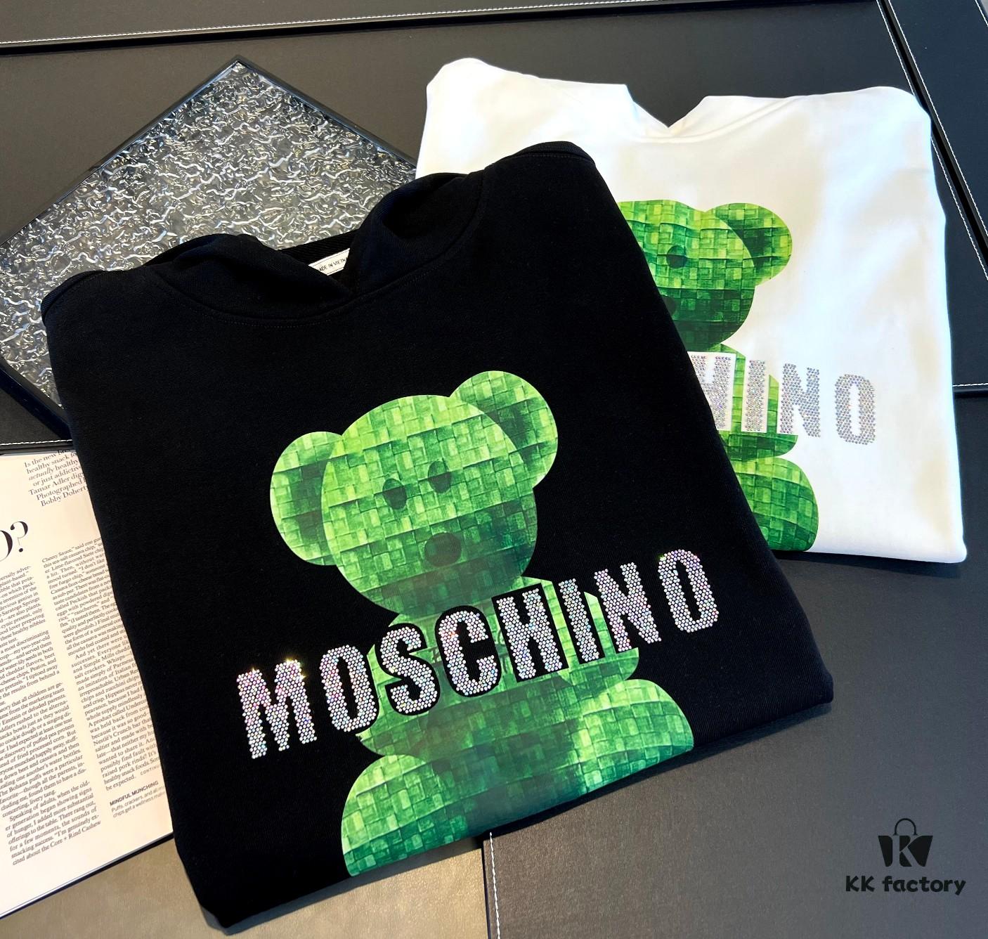 MOSCHINO – 2024 New Autumn/Winter 420g Hoodie with Cartoon Bear and Classic Letter Rhinestone Print, Elegant Drape Design, Unisex Style