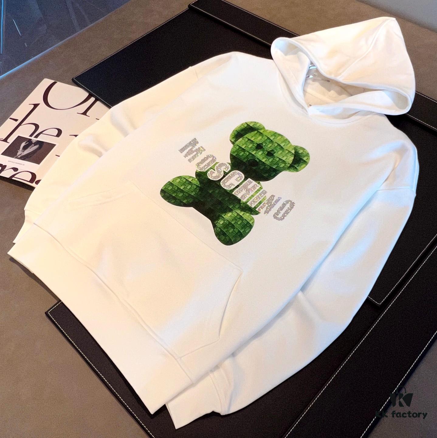 MOSCHINO – 2024 New Autumn/Winter 420g Hoodie with Cartoon Bear and Classic Letter Rhinestone Print, Elegant Drape Design, Unisex Style