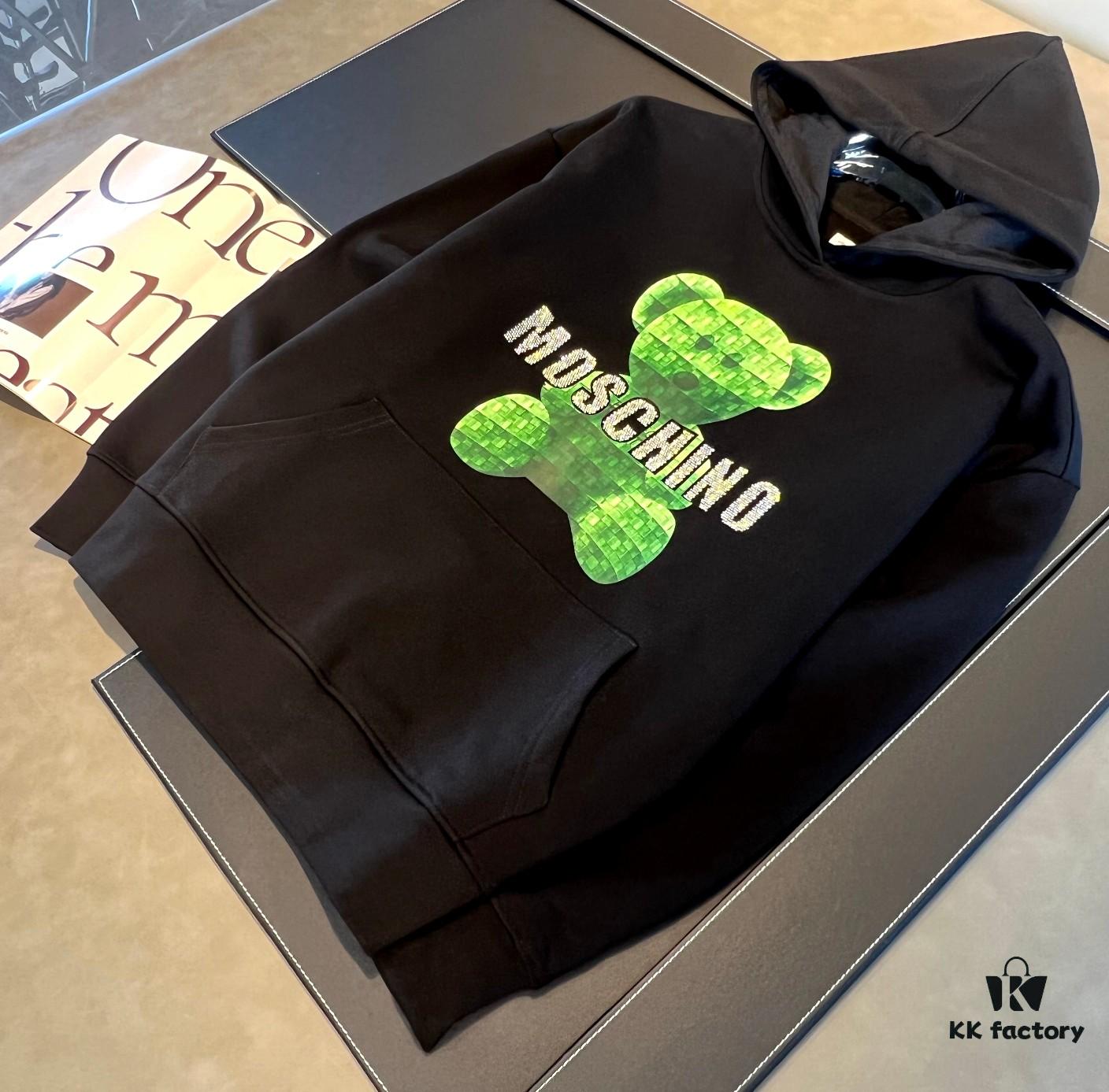 MOSCHINO – 2024 New Autumn/Winter 420g Hoodie with Cartoon Bear and Classic Letter Rhinestone Print, Elegant Drape Design, Unisex Style