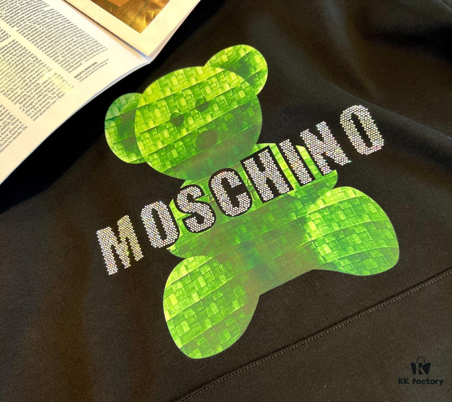 MOSCHINO – 2024 New Autumn/Winter 420g Hoodie with Cartoon Bear and Classic Letter Rhinestone Print, Elegant Drape Design, Unisex Style