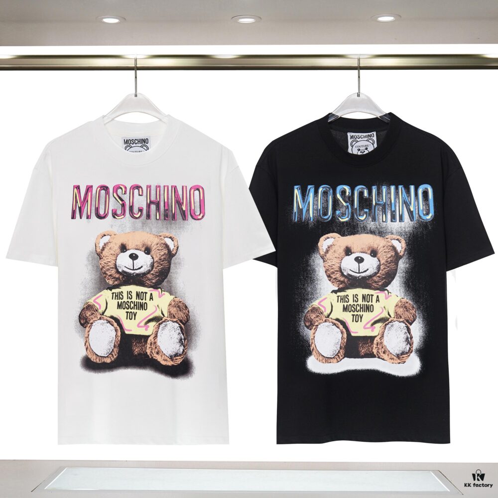 Q611# ♈️ Premium Combed Double-Yarn MOSCHINO 23 Lunar Rabbit Limited Edition Short Sleeve T-Shirt, 230g Double-Ply 32s 100% Cotton Fabric, Direct-to-Garment Digital Print, Unisex Design, Colors: Black, White