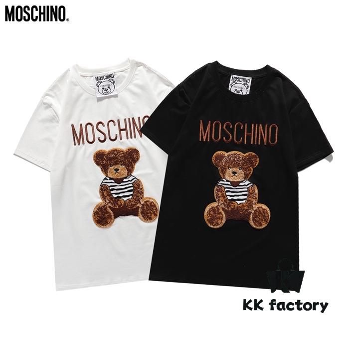 MoS 2021 Spring New Arrival Short Sleeve T-Shirt with Flocked Bear 🐻 and Embroidered Letter Logo Unisex Black and White S-XXL