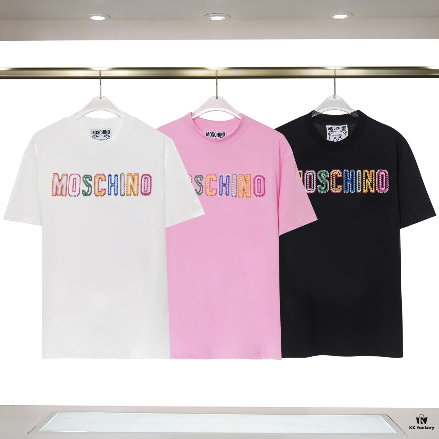 Q628#♈️ Fine Cotton Double-Yarn MOSCHINO New Short Sleeve T-Shirt, 230g Double-Ply 32s Pure Cotton Fabric with Special Machine Embroidery, Unisex Design