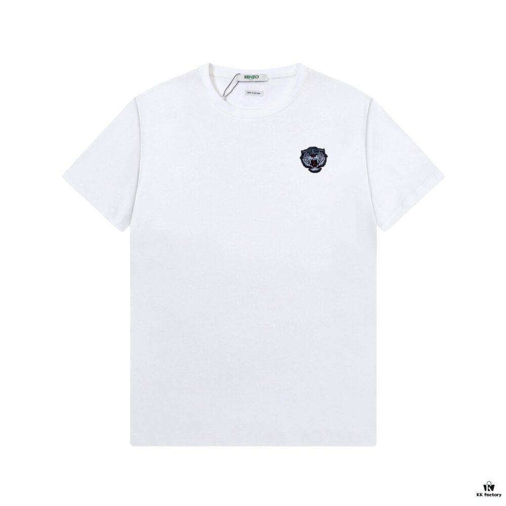 KEZNO – 2025 New Spring/Summer Premium 270g Silk-Cotton Short Sleeve T-Shirt with Embroidered Tiger Head Design, 3D Embossment Exuding Mature Elegance, Minimalist Classic Logo, Ideal Choice for Spring and Summer Wear