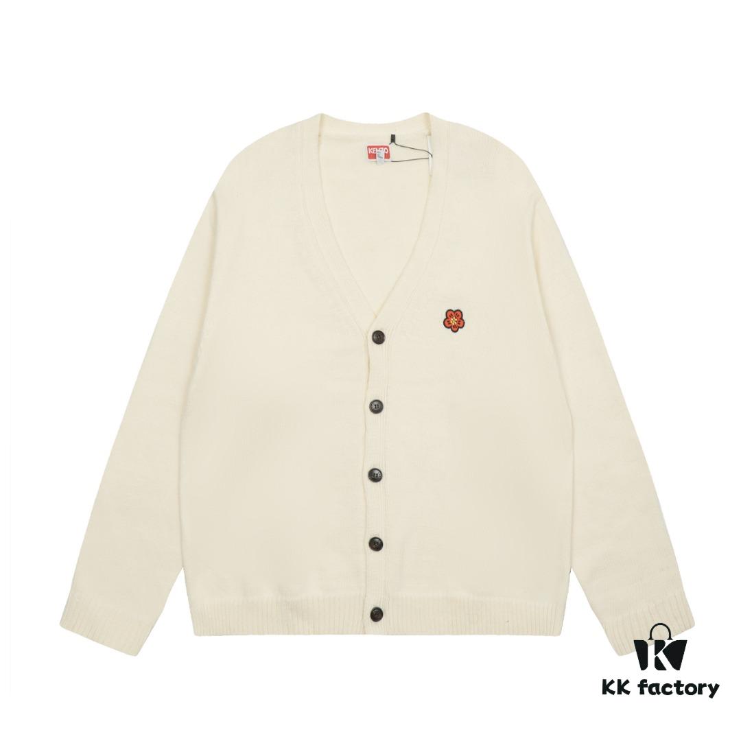KENZO Begonia Flower V-Neck Embroidered Logo Unisex Knit Cardigan