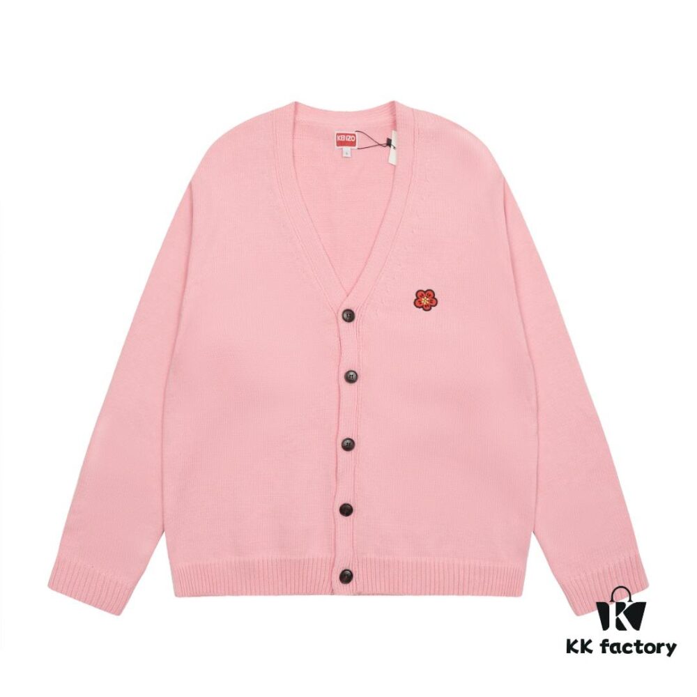 KENZO Begonia Flower V-Neck Solid Color Embroidered Logo Unisex Knit Cardigan