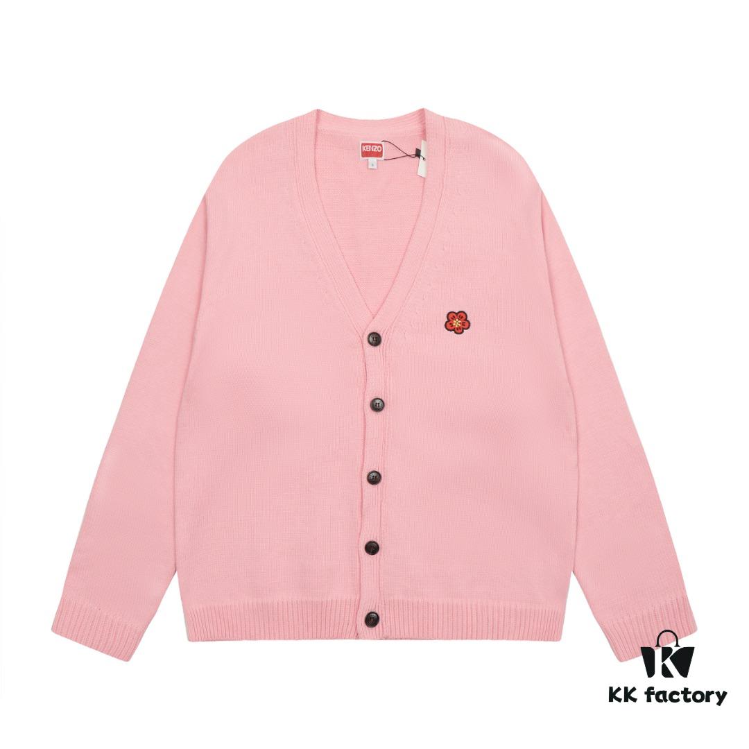 KENZO Begonia Flower V-Neck Solid Color Embroidered Logo Unisex Knit Cardigan