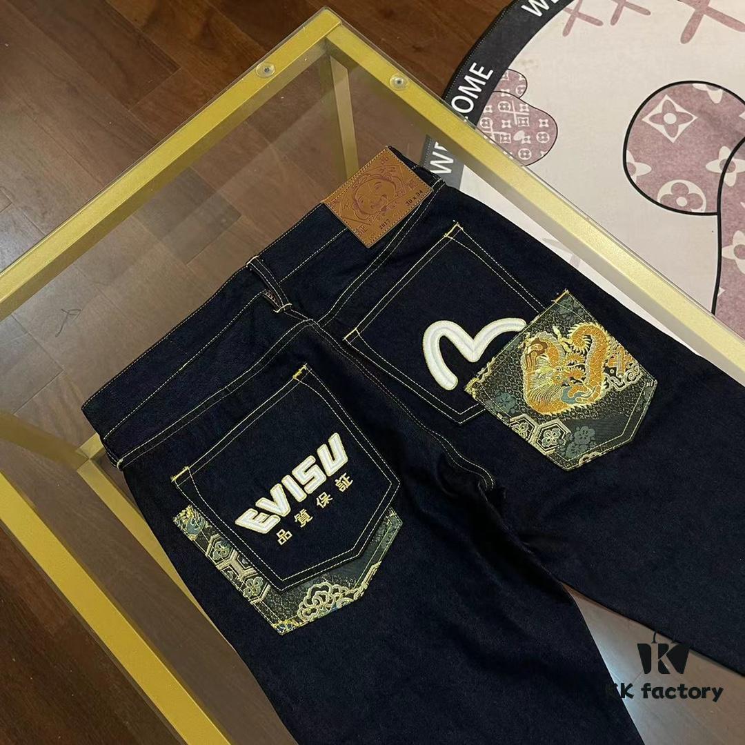 EVISU 2024 Spring/Summer New Men's Straight Narrow Jeans with Embroidered Seagull and Patch Pockets