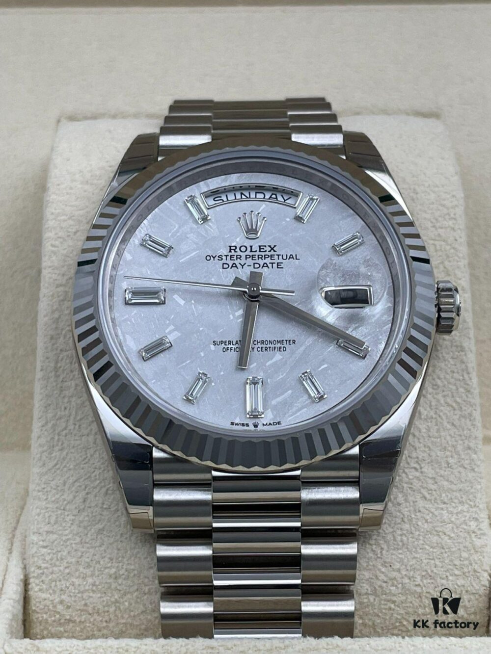 Rolex Datejust Series Model m228239-0055 Automatic Mechanical Watch with Date and Day Display, Platinum Case, Diamond Markers, Meteorite Dial, 41mm