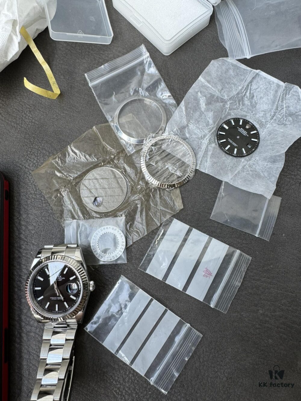 Complete Set of Genuine Replacement Parts (Calendar, Hands, Glass, Dial) with 18K Gold Dog-Teeth Bezel, Secondary Chamfering and Brushed Finish