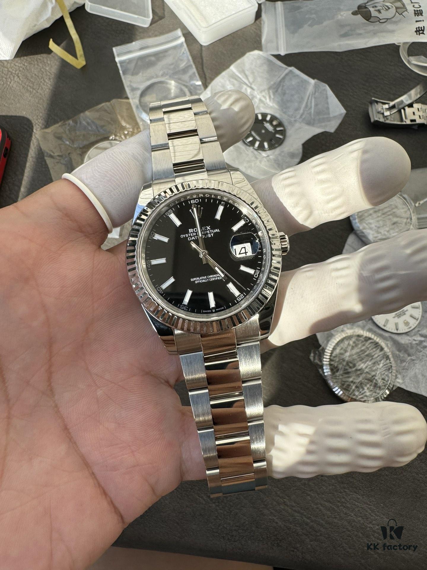 Complete Set of Genuine Replacement Parts (Calendar, Hands, Glass, Dial) with 18K Gold Dog-Teeth Bezel, Secondary Chamfering and Brushed Finish