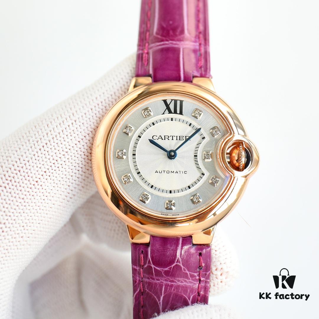 Cartier Ballon Bleu Series RW1 Gold-Plated 18K Gold-Plated Mechanical Ladies' Watch with American Crocodile Leather Strap 33mm Exclusive First Release