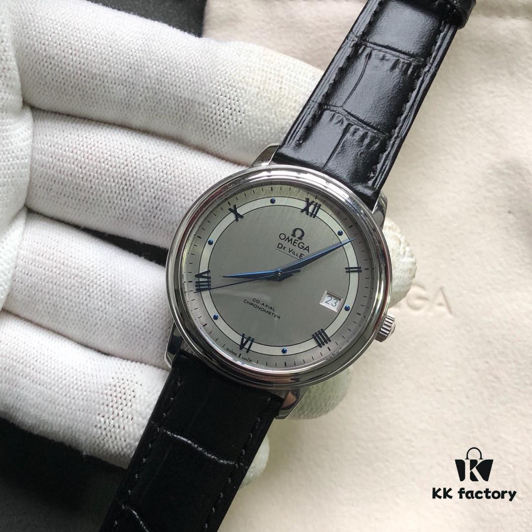 In Stock, KY's Latest Masterpiece Omega De Ville Series, 39.5mm Case, Original Mold, 12-Month Development, Authentic Dial Markings, Matching Hands, Clear Observatory Engraving on Case Back, Fitted with American Crocodile Leather Strap, Powered by Imported Stable 9015 Movement – Zero Repair Rate, Market's Best Version