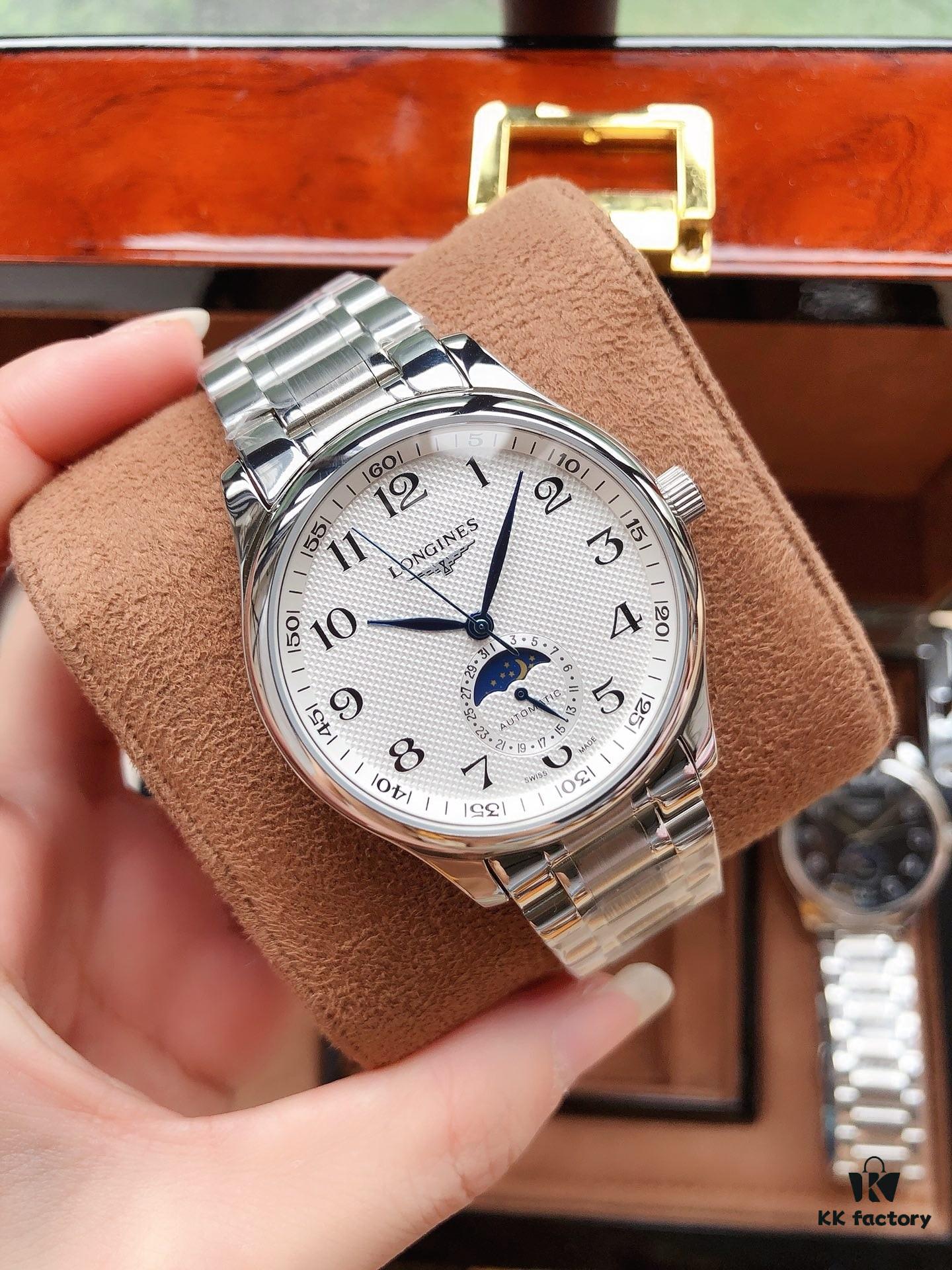 LONGINES - Master Collection Real Moon Phase 24-Hour Fully Automatic Mechanical Watch for Men, 40mm, 316L Stainless Steel, Double Dome Mineral Glass, Butterfly Clasp