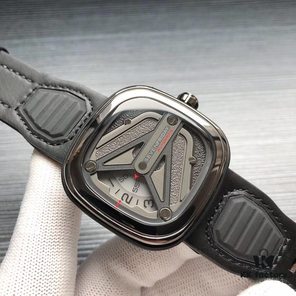 SevenFriday M3/01! Shipment Ready! Model: SF-M3/01, Size: 47mm x 13mm, Movement: Japanese Citizen Miyota 8215 Mechanical Movement [Same as Authentic], Aerodynamic Y-Wing Design with Sandblasted and Polished Black & Gunmetal Dial, Seven Stars Logo at 7 o'clock, Triple Overlapping White Disks for Hours, Minutes and Seconds, Red Accents at 9 o'clock, Red Arrow Indicator for Minutes, 5-Second Increments on Subdial, Premium Men's Mechanical Watch by SJ Quality Guaranteed