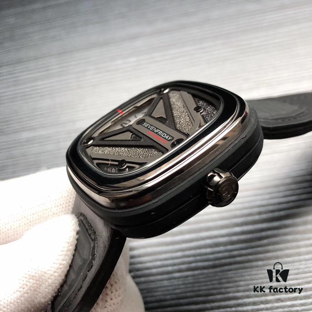 SevenFriday M3/01! Shipment Ready! Model: SF-M3/01, Size: 47mm x 13mm, Movement: Japanese Citizen Miyota 8215 Mechanical Movement [Same as Authentic], Aerodynamic Y-Wing Design with Sandblasted and Polished Black & Gunmetal Dial, Seven Stars Logo at 7 o'clock, Triple Overlapping White Disks for Hours, Minutes and Seconds, Red Accents at 9 o'clock, Red Arrow Indicator for Minutes, 5-Second Increments on Subdial, Premium Men's Mechanical Watch by SJ Quality Guaranteed