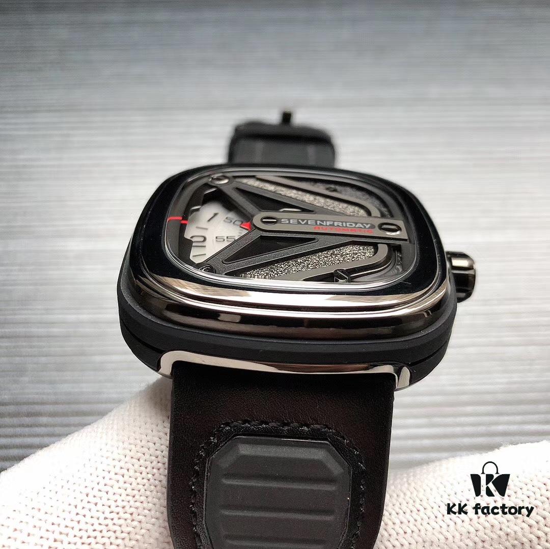 SevenFriday M3/01! Shipment Ready! Model: SF-M3/01, Size: 47mm x 13mm, Movement: Japanese Citizen Miyota 8215 Mechanical Movement [Same as Authentic], Aerodynamic Y-Wing Design with Sandblasted and Polished Black & Gunmetal Dial, Seven Stars Logo at 7 o'clock, Triple Overlapping White Disks for Hours, Minutes and Seconds, Red Accents at 9 o'clock, Red Arrow Indicator for Minutes, 5-Second Increments on Subdial, Premium Men's Mechanical Watch by SJ Quality Guaranteed