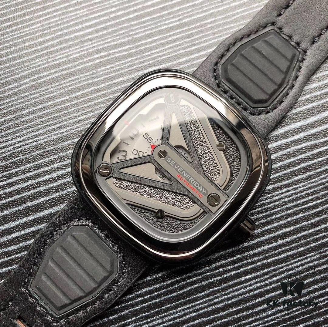 SevenFriday M3/01! Shipment Ready! Model: SF-M3/01, Size: 47mm x 13mm, Movement: Japanese Citizen Miyota 8215 Mechanical Movement [Same as Authentic], Aerodynamic Y-Wing Design with Sandblasted and Polished Black & Gunmetal Dial, Seven Stars Logo at 7 o'clock, Triple Overlapping White Disks for Hours, Minutes and Seconds, Red Accents at 9 o'clock, Red Arrow Indicator for Minutes, 5-Second Increments on Subdial, Premium Men's Mechanical Watch by SJ Quality Guaranteed