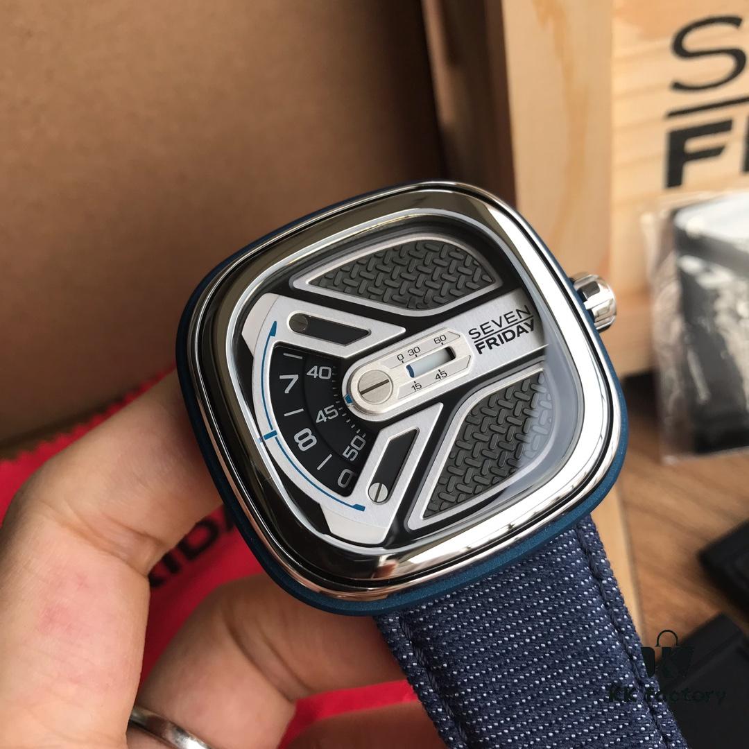 New Arrival Sevenfriday Model M1B/01, 47mm, Automatic Mechanical Movement, Multi-layer 3D Dial, Polished Bezel, Matte Blue Case with Blue Denim Strap